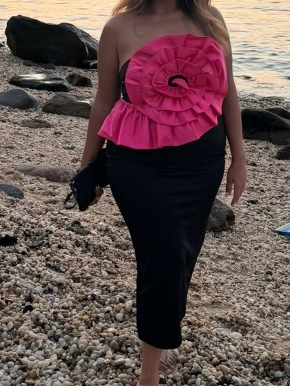 SHEIN Black Strapless Midi Dress with Pink Floral Rosette